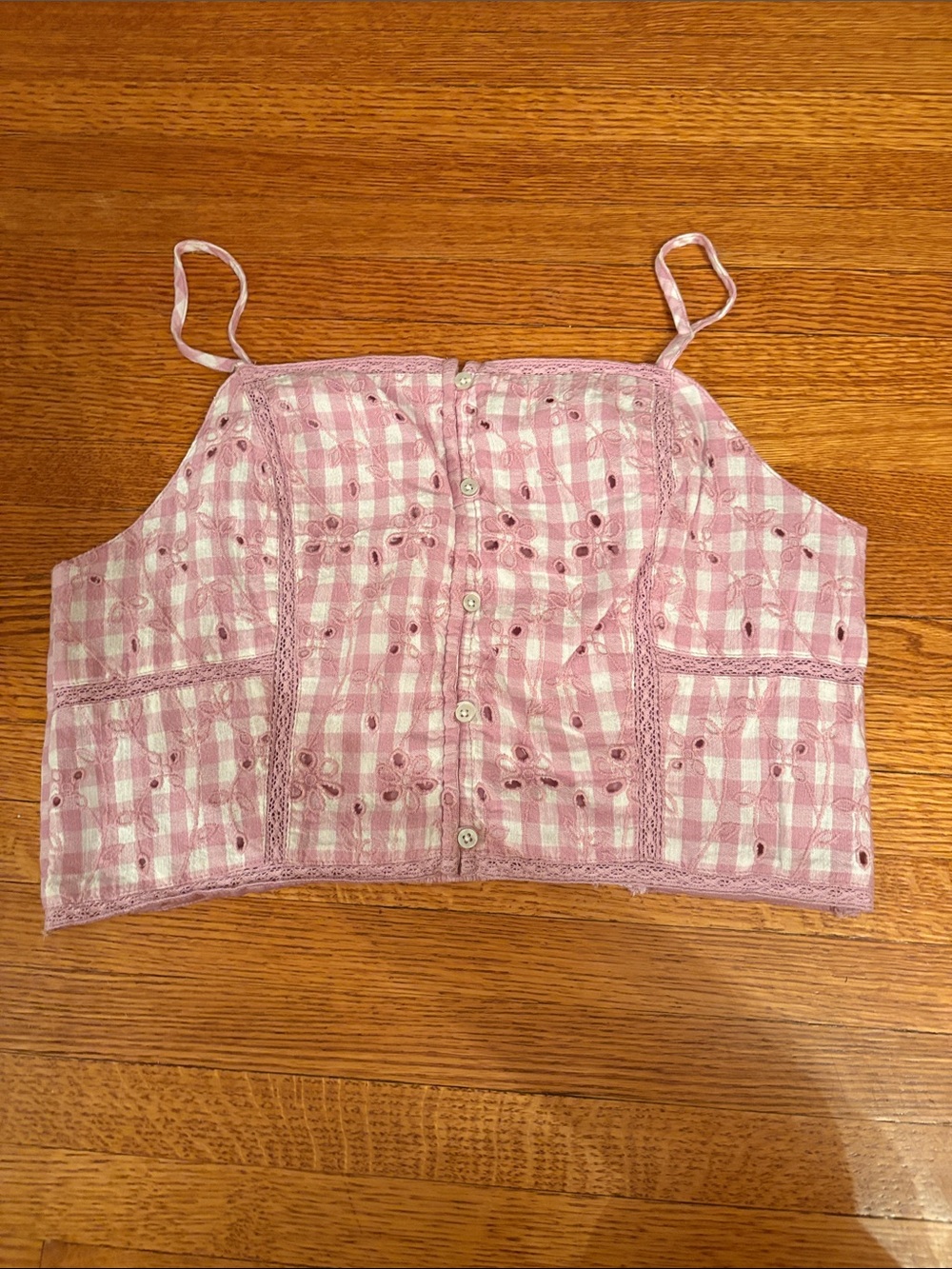 Pink Gingham Eyelet Button-Front Crop Top